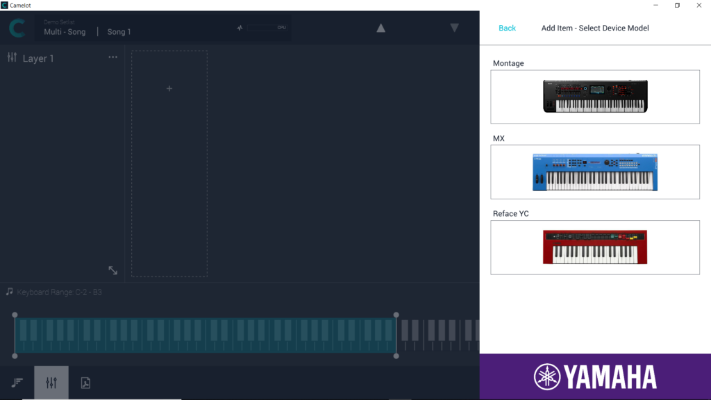 Camelot Pro: il menu di selezione di un Device hardware: nello specifico, un sintetizzatore Yamaha