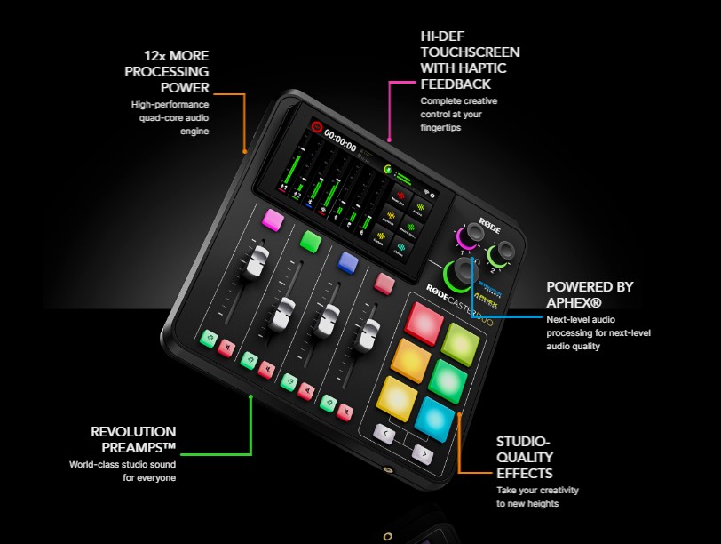 RØDE RØDECaster Duo podcast streaming creative content hardware APHEX®Revolution Preamps™ news midimusic smstrumentimusicali.it